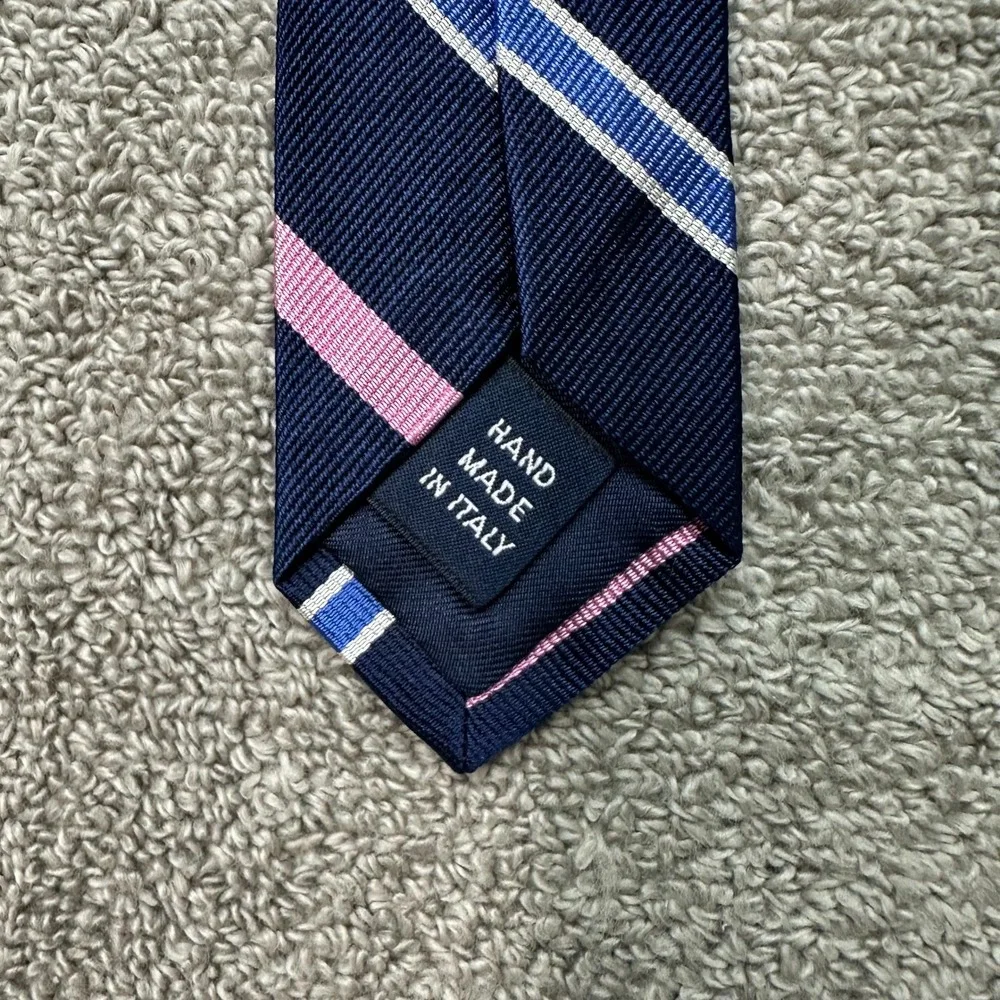 Polo Ralph Lauren Silk Tie Navy Blue Pink Striped Handmade Italy Mens Necktie